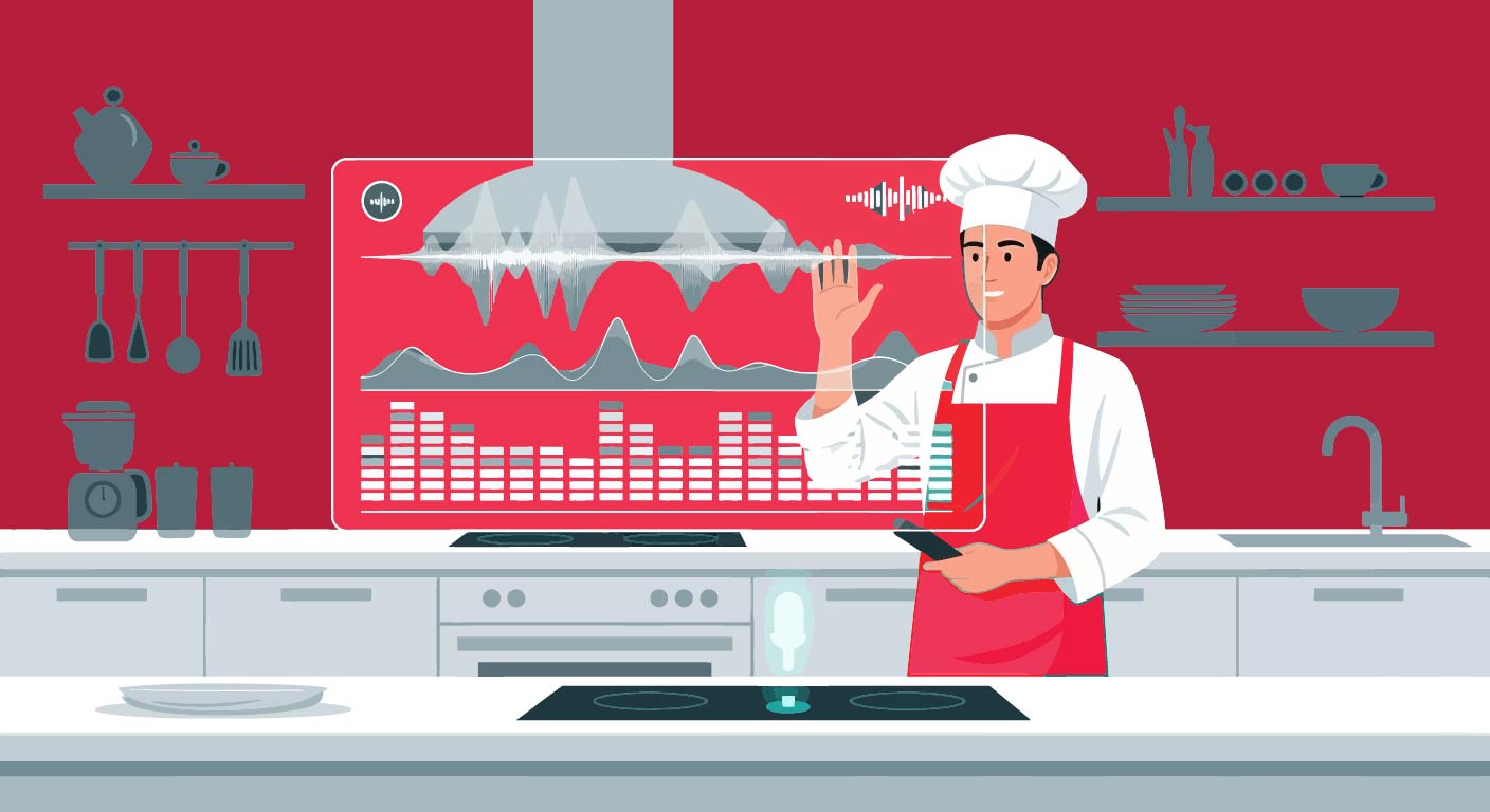 Chef using holographic voice assistant in modern kitchen